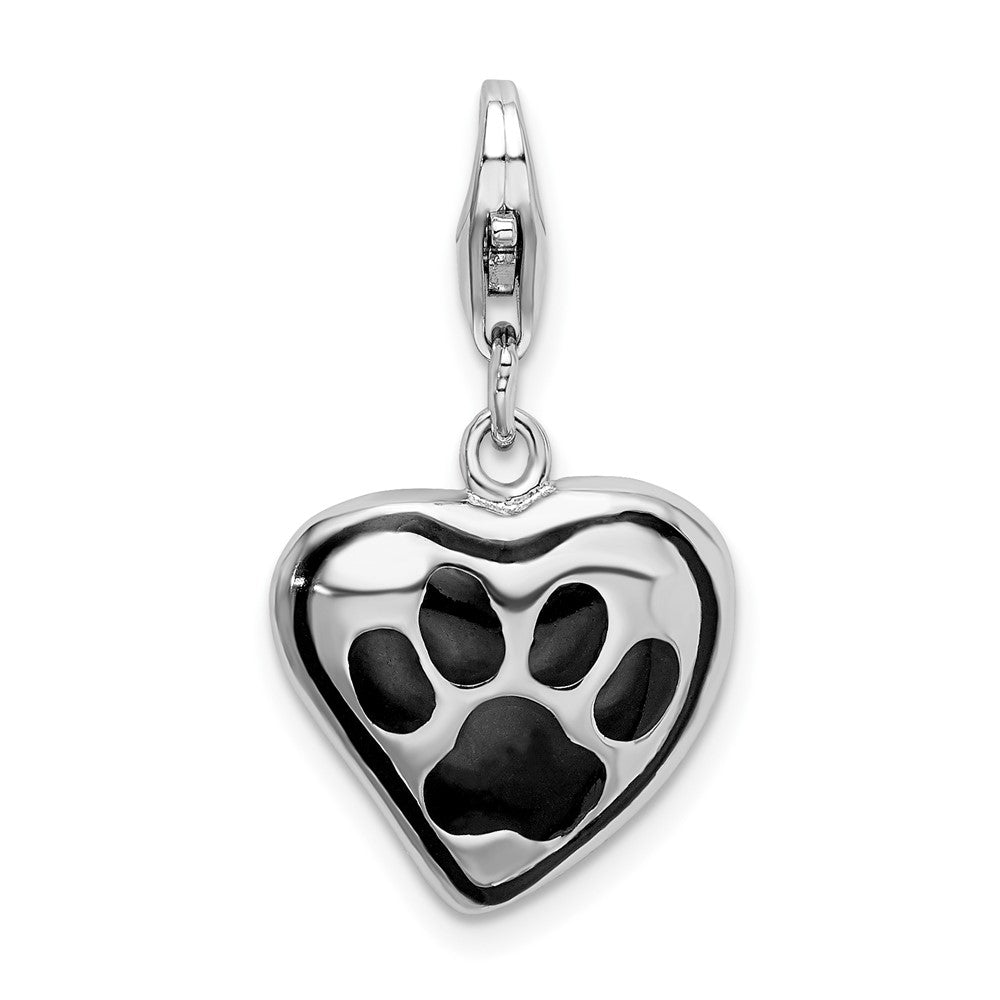 Amore La Vita Sterling Silver Rhodium-plated Polished Enameled Heart With Dog Paw Print Charm