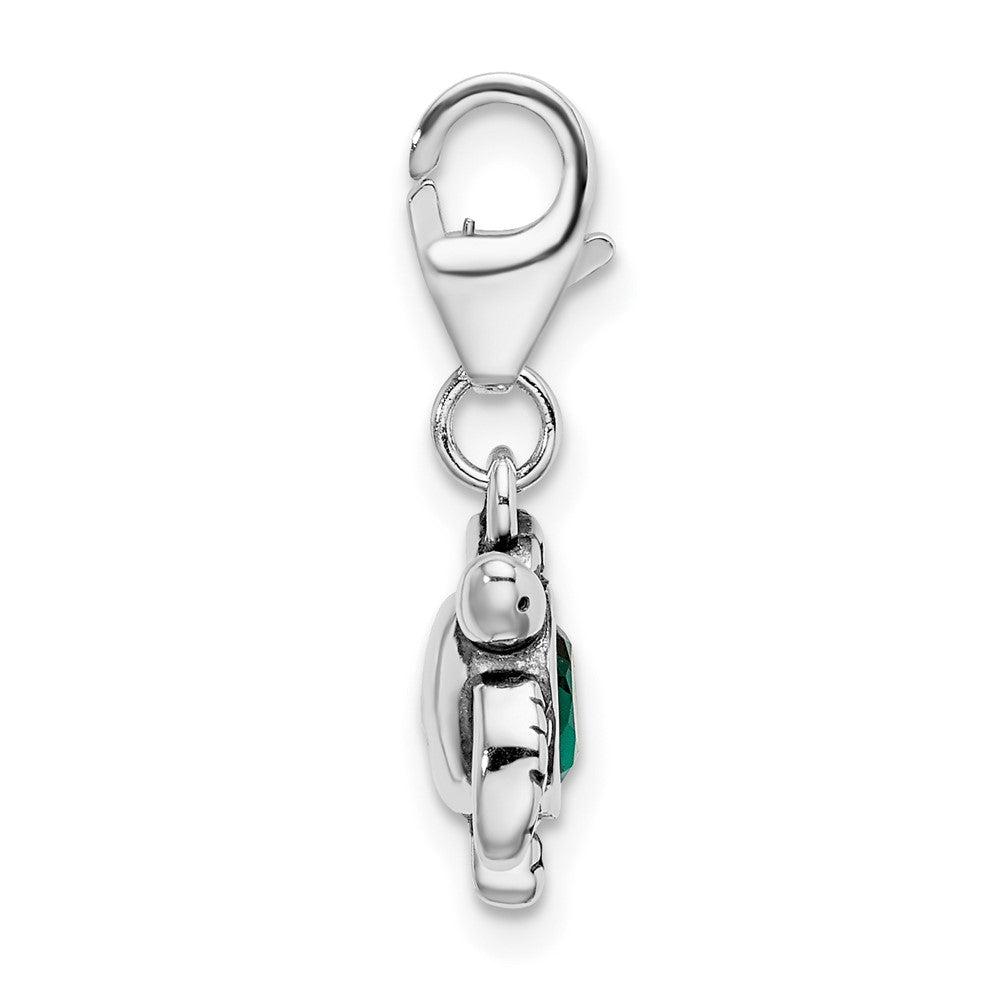 Amore La Vita Sterling Silver Rhodium-plated Polished 3-D Green Crystal Turtle Charm with Fancy Lobster Clasp