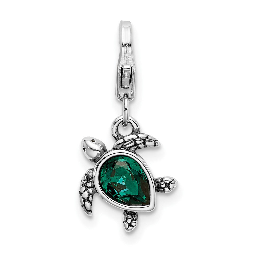 Amore La Vita Sterling Silver Rhodium-plated Polished 3-D Green Crystal Turtle Charm with Fancy Lobster Clasp