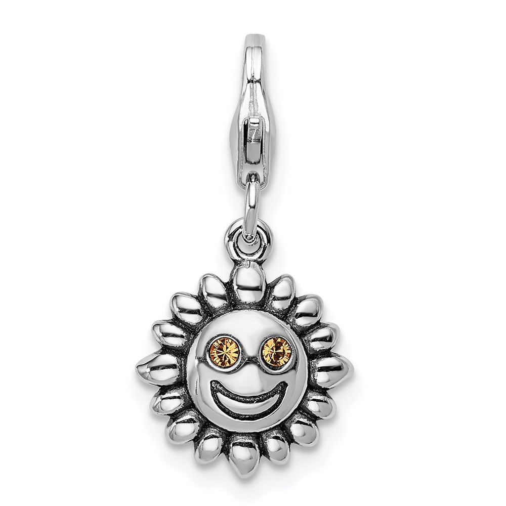 Amore La Vita Sterling Silver Rhodium-plated Polished 3-D Yellow Crystal Sun Charm with Fancy Lobster Clasp