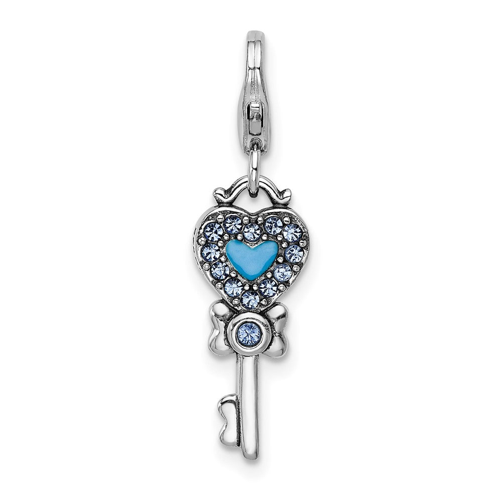 Amore La Vita Sterling Silver Rhodium-plated Polished 3-D Pink and Blue Crystal Enameled Reversible Heart Key Charm with Fancy Lobster Clasp