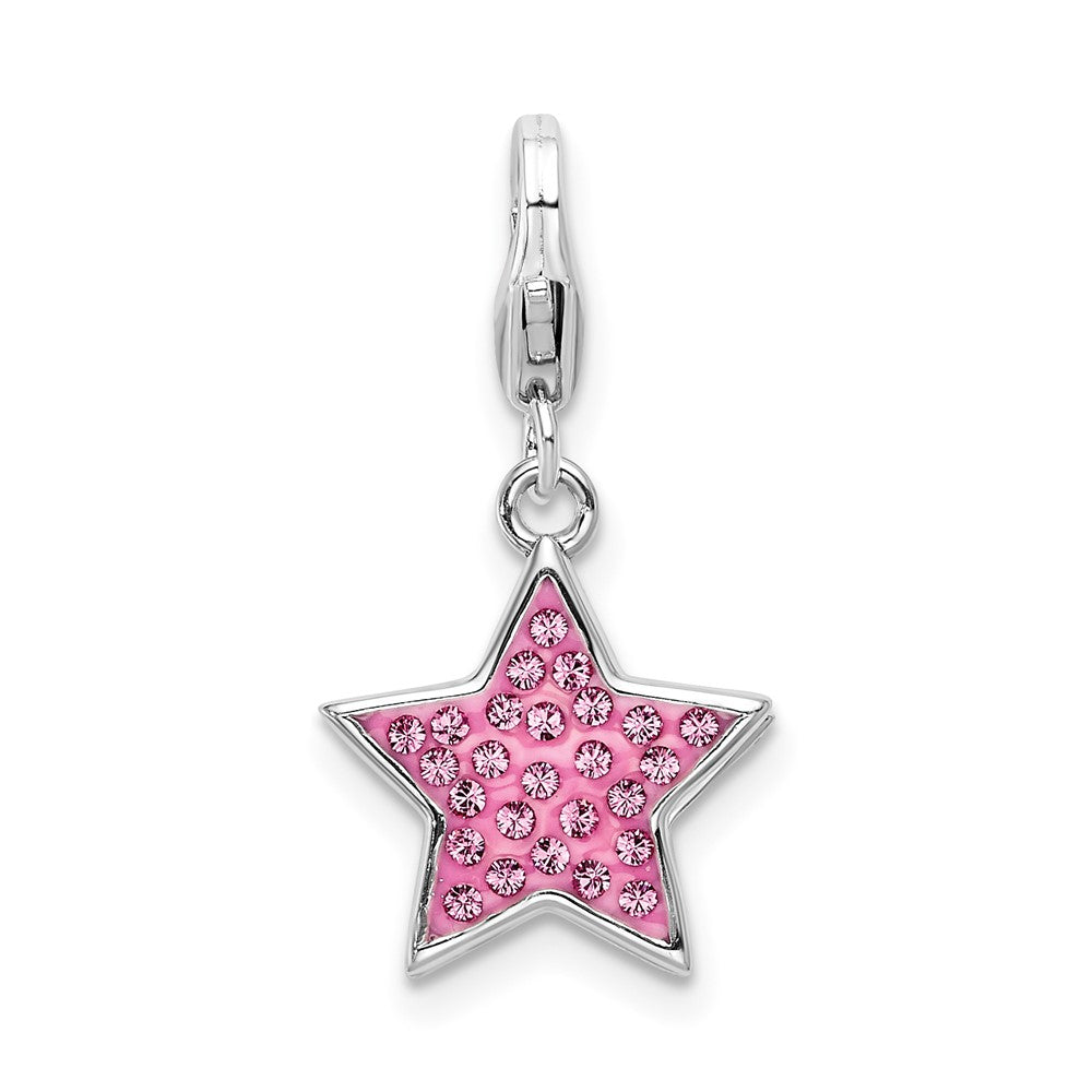 Amore La Vita Sterling Silver Rhodium-plated Polished Reversible Pink Crystal Star Charm with Fancy Lobster Clasp