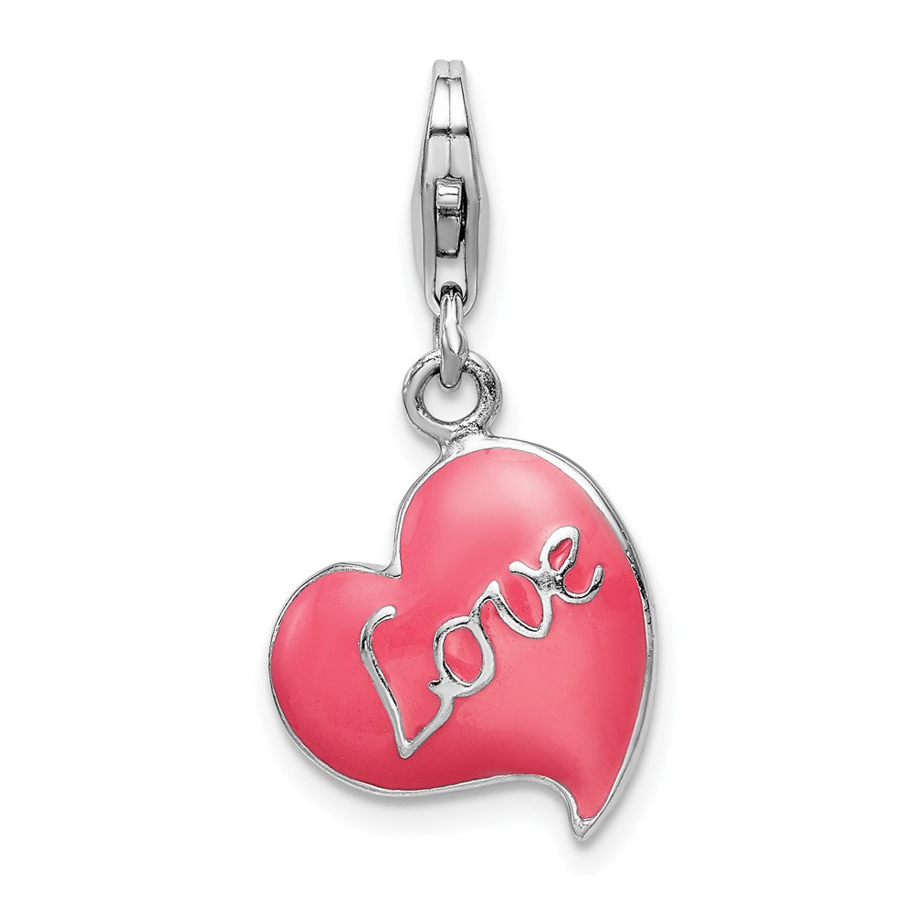 Amore La Vita Sterling Silver Rhodium-plated Polished 3-D Pink Enameled Love Heart Charm with Fancy Lobster Clasp