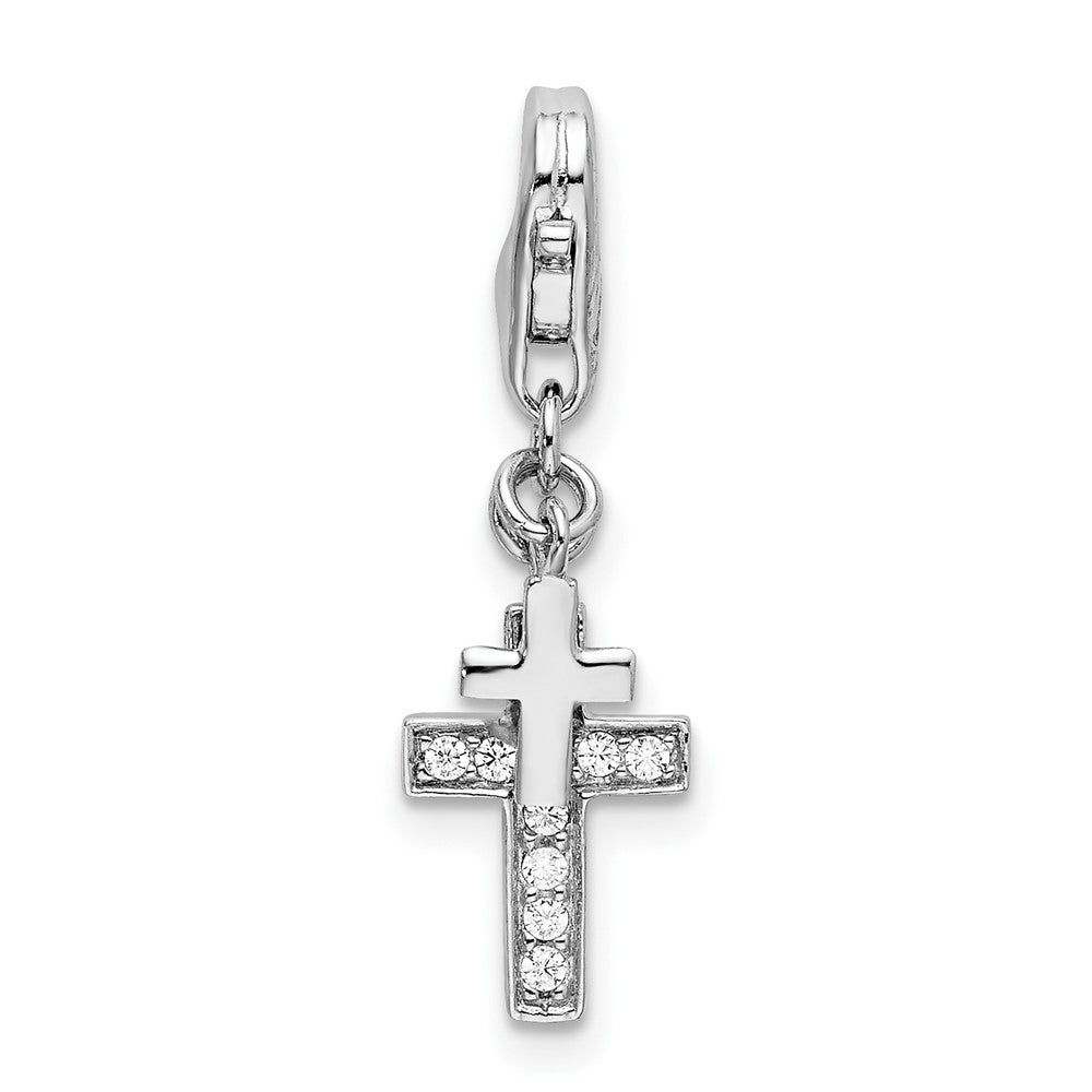 Amore La Vita Sterling Silver Rhodium-plated Polished CZ Two Cross Charm with Fancy Lobster Clasp