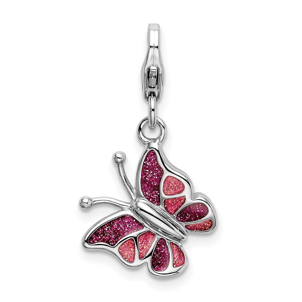 Amore La Vita Sterling Silver Rhodium-plated Polished Pink and White Enameled Butterfly Charm with Fancy Lobster Clasp