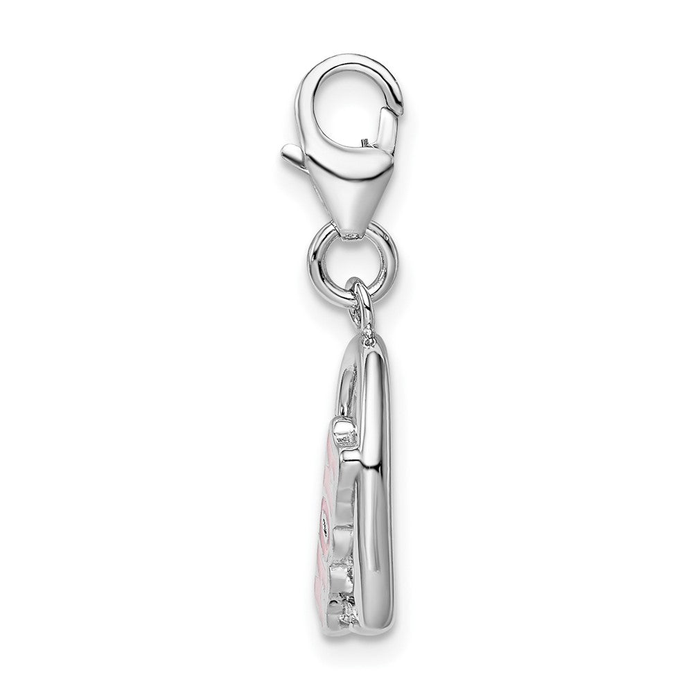 Amore La Vita Sterling Silver Rhodium-plated Polished Enameled with Crystal MOM Heart Charm with Fancy Lobster Clasp