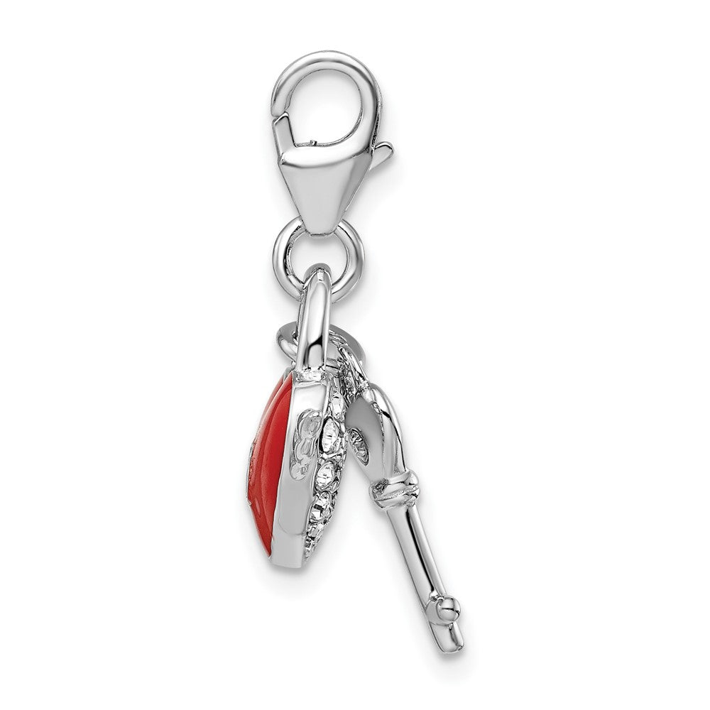 Amore La Vita Sterling Silver Rhodium-plated Polished Reversible Red Enameled Winged Heart and Key with Crystal Charm with Fancy Lobster Clasp