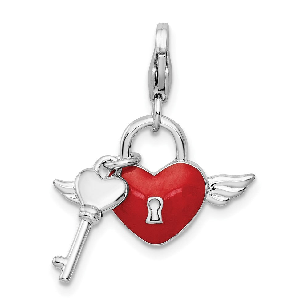 Amore La Vita Sterling Silver Rhodium-plated Polished Reversible Red Enameled Winged Heart and Key with Crystal Charm with Fancy Lobster Clasp