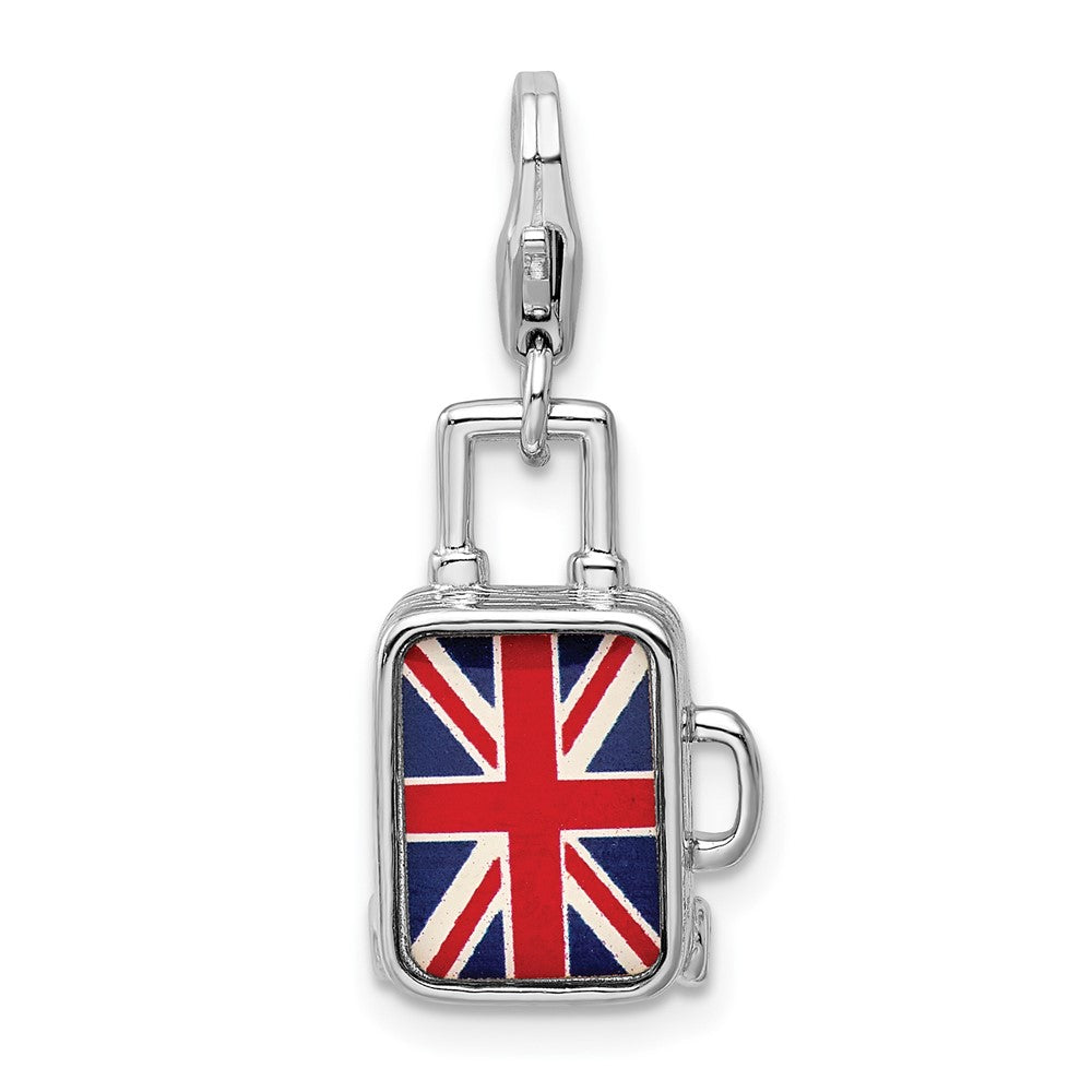 Amore La Vita Sterling Silver Rhodium-plated Polished 3-D Enameled United Kingdom Flag Suitcase Charm with Fancy Lobster Clasp