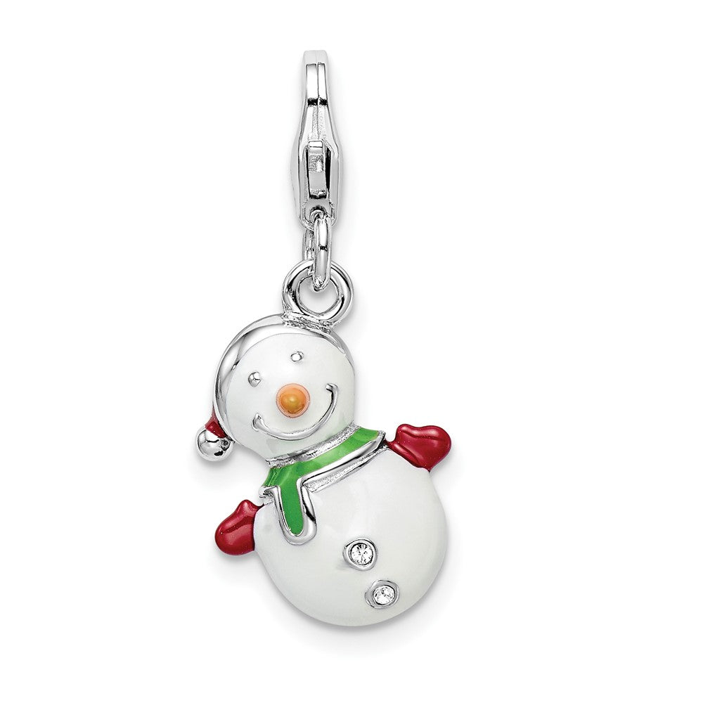 Amore La Vita Sterling Silver Rhodium-plated Polished 3-D Enameled with Crystal Snowman Lobster Clasp Charm