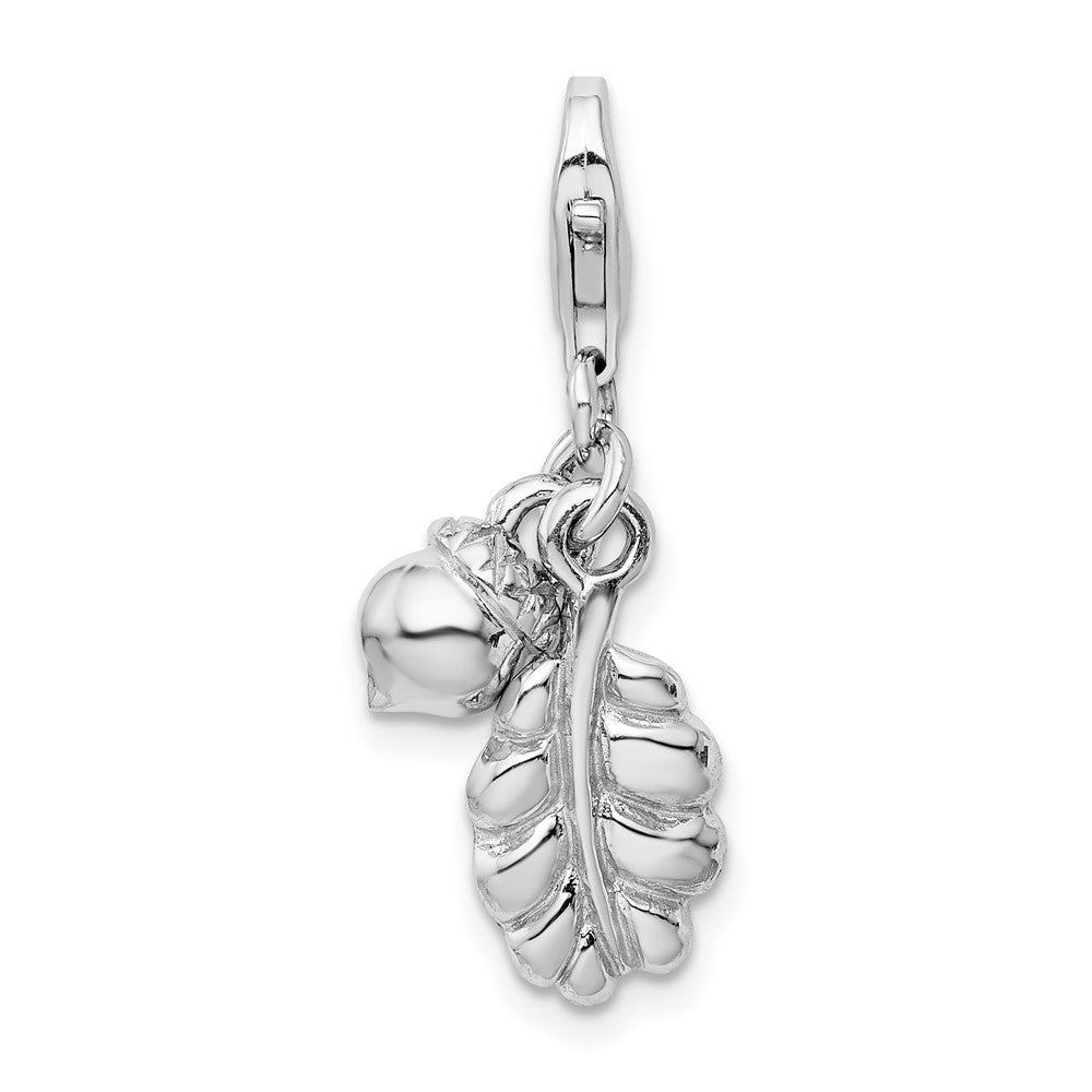 Amore La Vita Sterling Silver Rhodium-plated Polished 3-D Acorn and Leaf Charm with Fancy Lobster Clasp