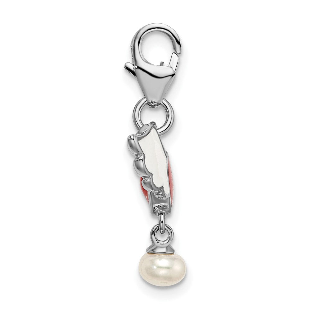 Amore La Vita Sterling Silver Rhodium-plated Polished 3-D Winged Enameled Red Heart and Freshwater Cultured Pearl Dangle Charm with Fancy Lobster Clasp