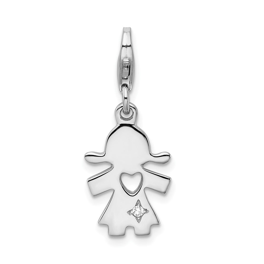 Amore La Vita Sterling Silver Rhodium-plated Polished CZ Little Girl with Cut-out Heart Charm with Fancy Lobster Clasp