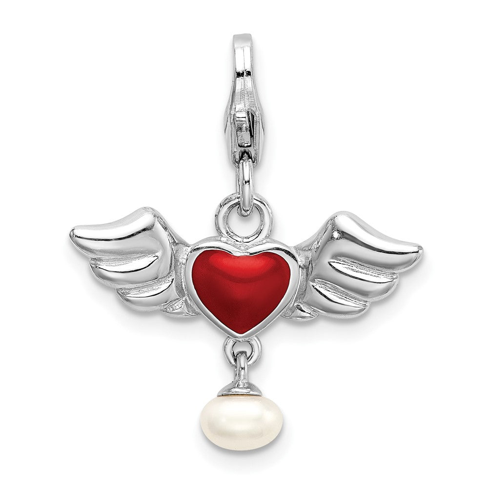 Amore La Vita Sterling Silver Rhodium-plated Polished 3-D Winged Enameled Red Heart and Freshwater Cultured Pearl Dangle Charm with Fancy Lobster Clasp