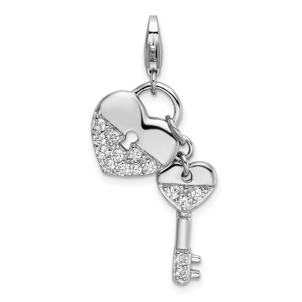 Amore La Vita Sterling Silver Rhodium-plated Polished CZ Heart and Key Charm with Fancy Lobster Clasp