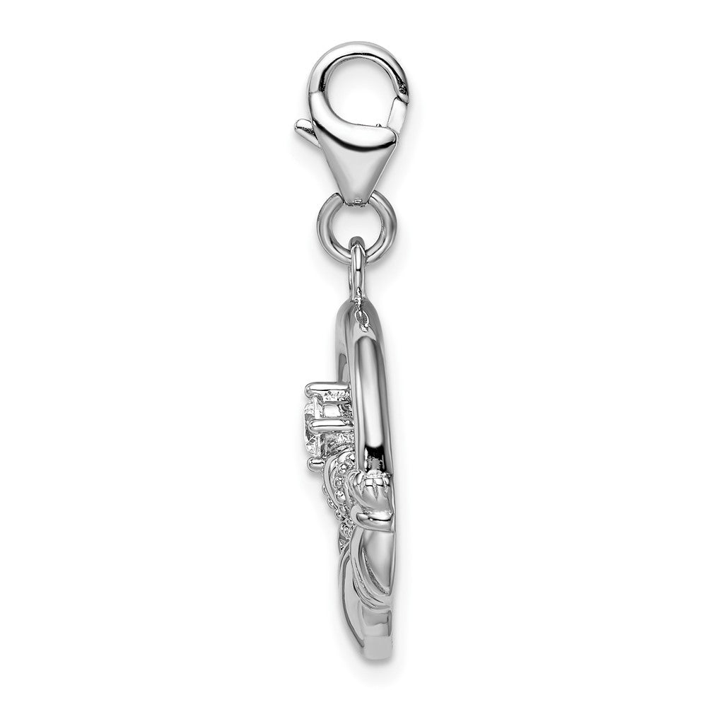 Amore La Vita Sterling Silver Rhodium-plated Polished Clear CZ Claddagh Charm with Fancy Lobster Clasp