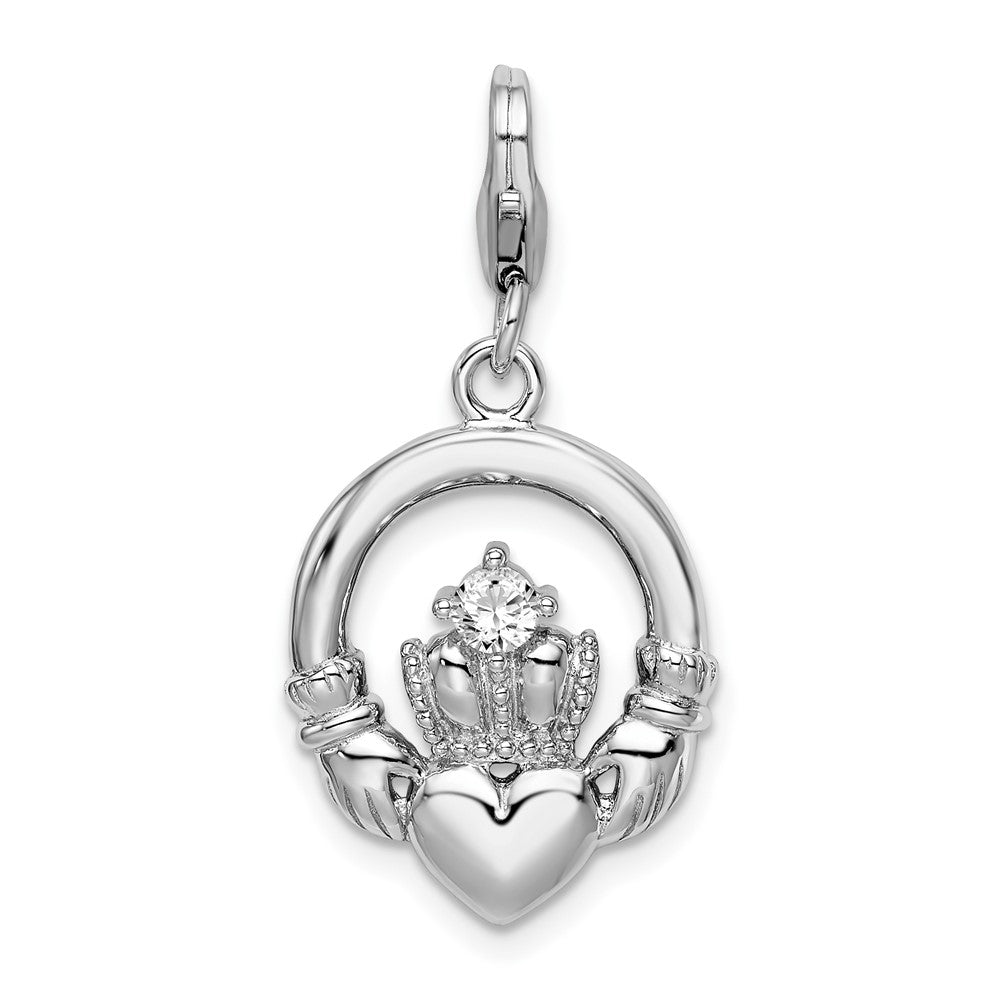 Amore La Vita Sterling Silver Rhodium-plated Polished Clear CZ Claddagh Charm with Fancy Lobster Clasp