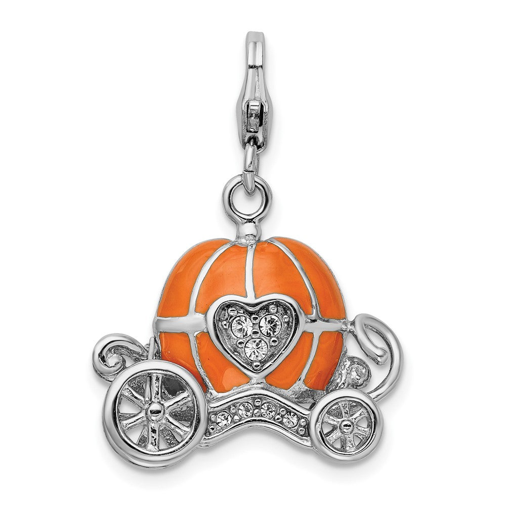 Amore La Vita Sterling Silver Rhodium-plated Polished 3-D Enameled Pumpkin Carriage Charm with Fancy Lobster Clasp