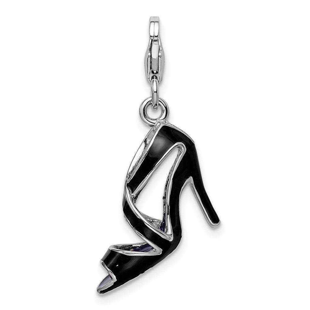 Amore La Vita Sterling Silver Rhodium-plated Polished 3-D Enameled Black High Heel Charm with Fancy Lobster Clasp