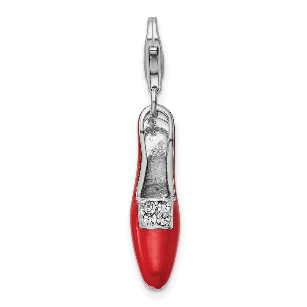 Amore La Vita Sterling Silver Rhodium-plated Polished 3-D Red Enameled CZ High Heel Shoe Charm with Fancy Lobster Clasp
