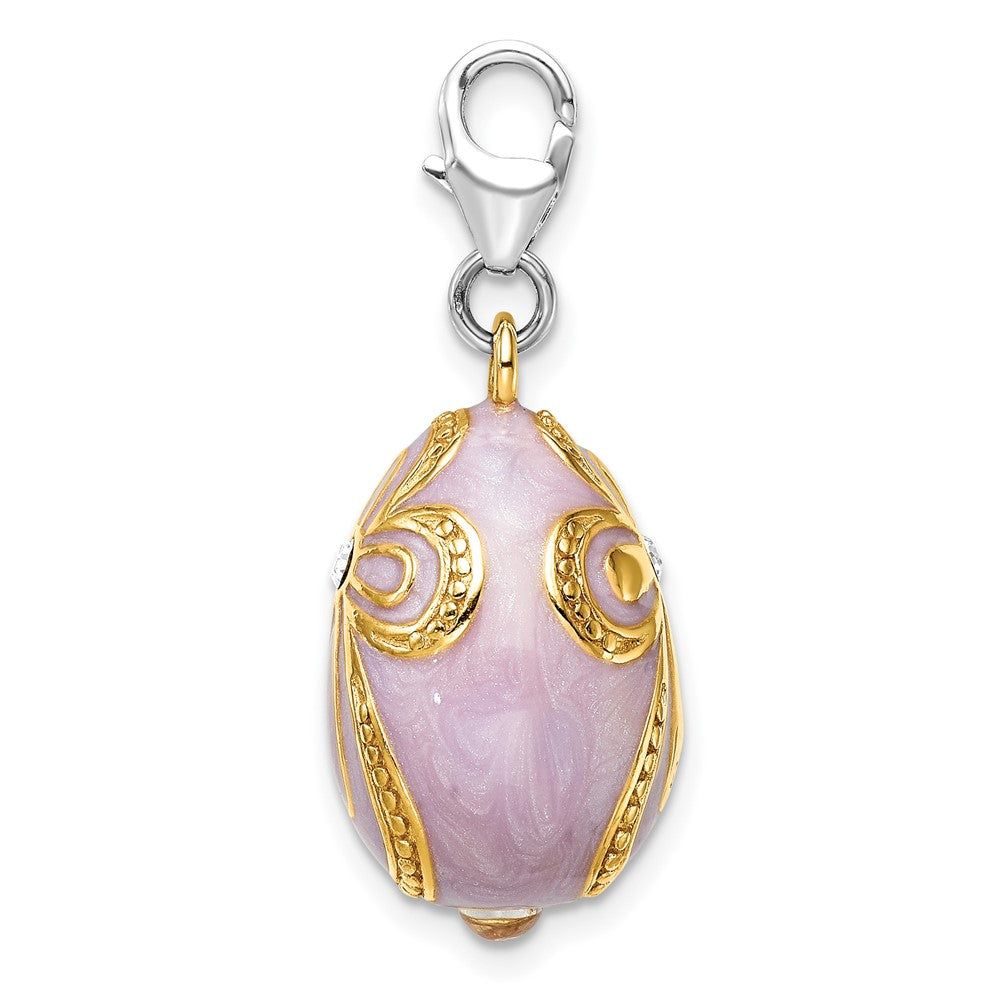 Amore La Vita Sterling Silver Rhodium-plated and Gold-plated Polished 3-D Crystal Enameled Pink Egg with Cross Charm with Fancy Lobster Clasp