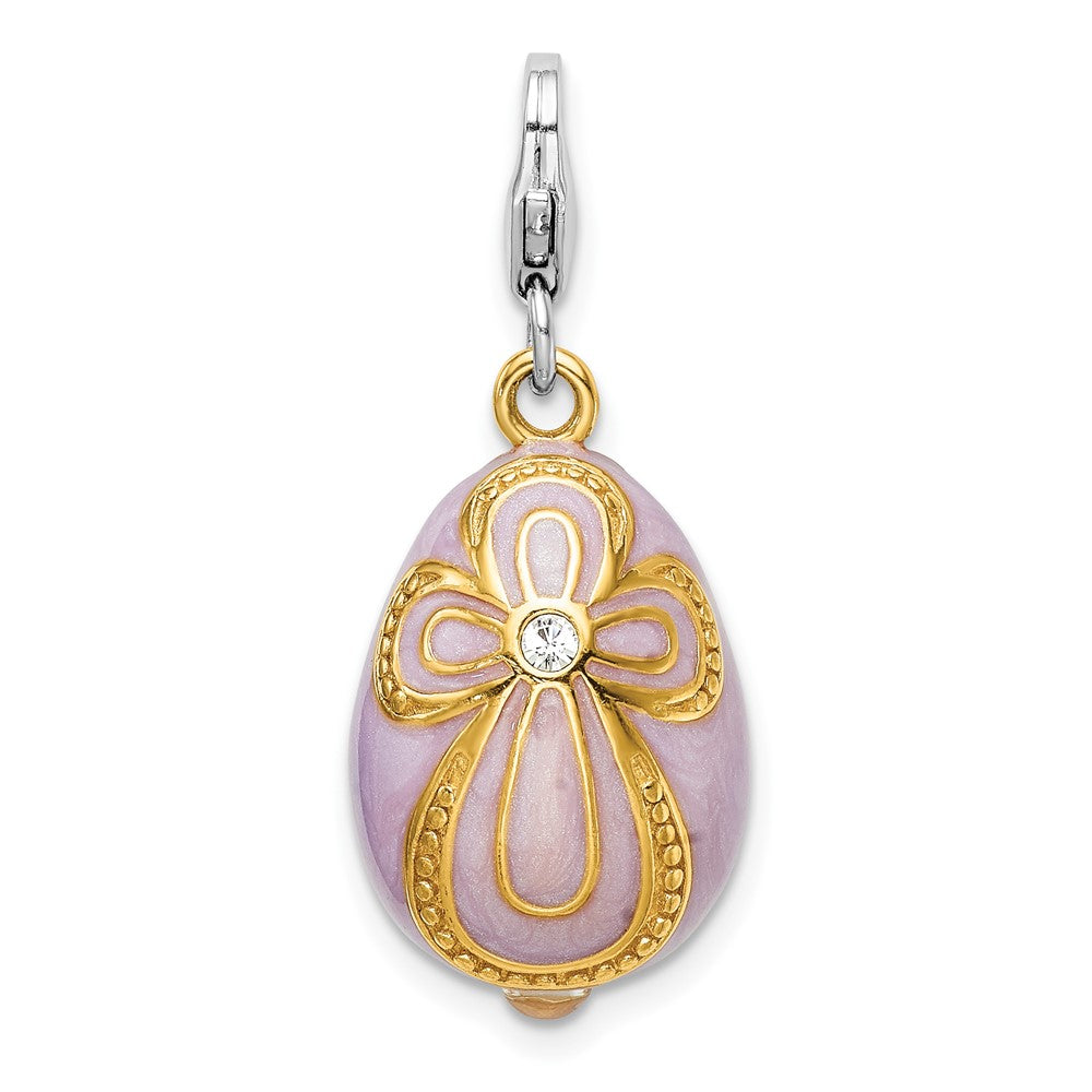 Amore La Vita Sterling Silver Rhodium-plated and Gold-plated Polished 3-D Crystal Enameled Pink Egg with Cross Charm with Fancy Lobster Clasp