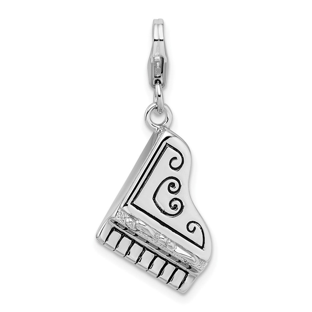 Amore La Vita Sterling Silver Rhodium-plated Polished 3-D Enameled Grand Piano with Heart Scroll Charm with Fancy Lobster Clasp