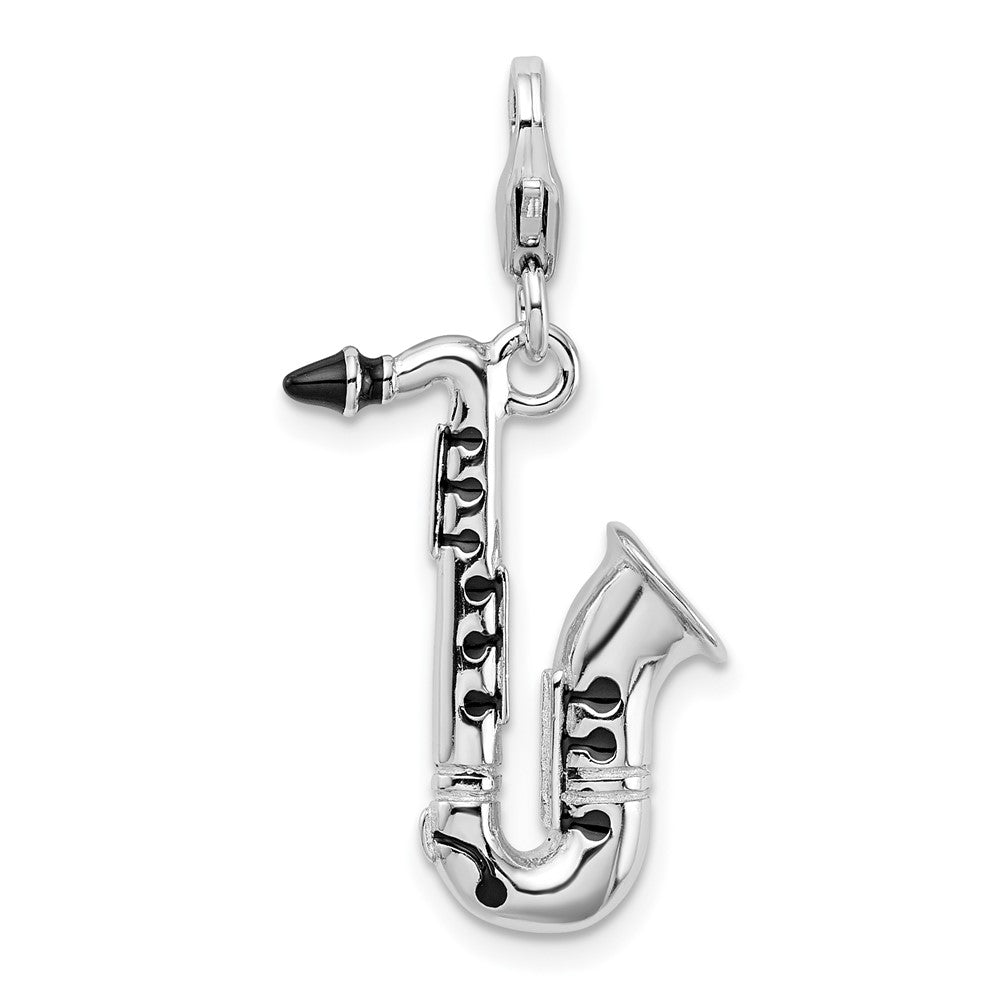 Amore La Vita Sterling Silver Rhodium-plated Polished 3-D Enameled Saxophone Charm with Fancy Lobster Clasp