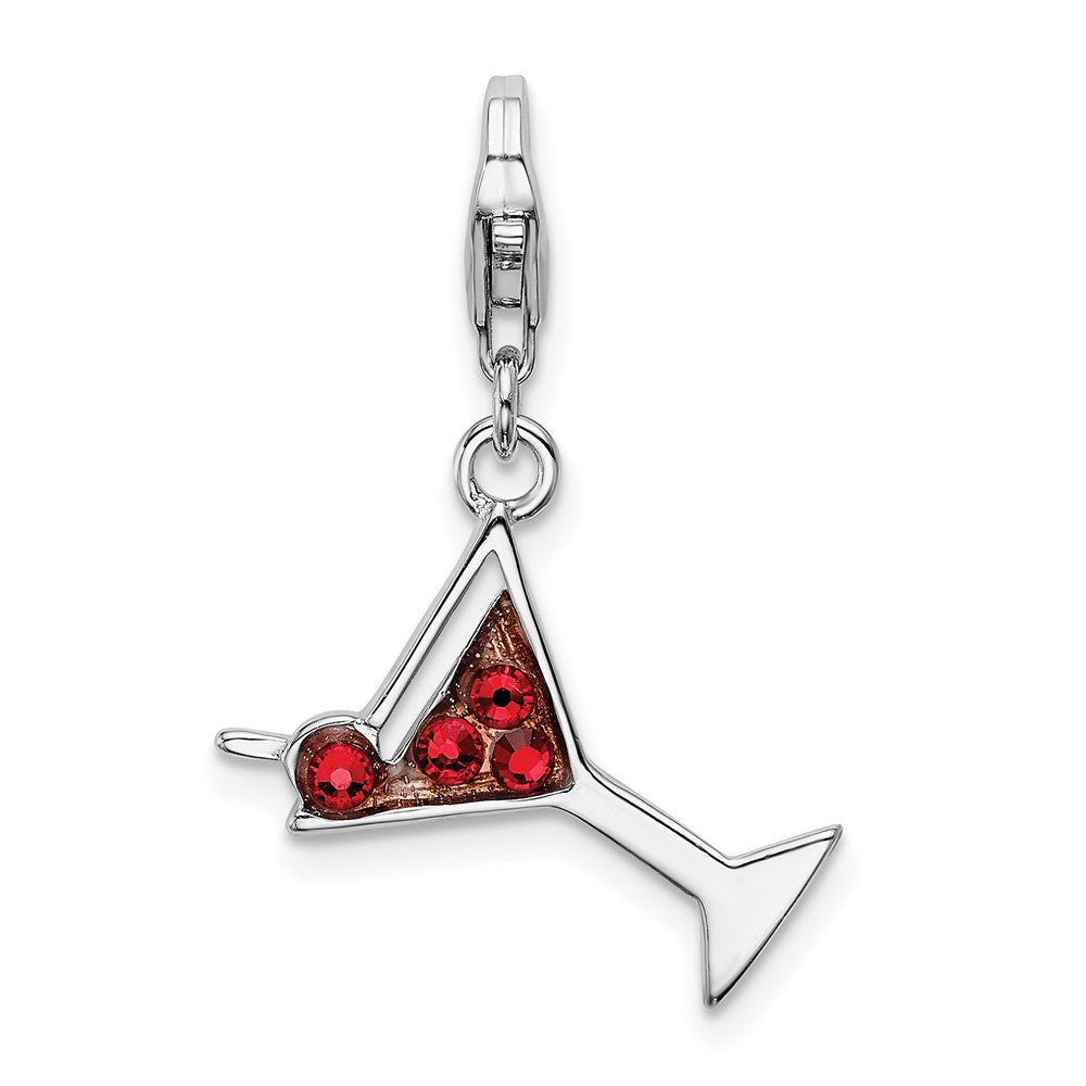 Amore La Vita Sterling Silver Rhodium-plated Polished Enameled Red Crystal Martini Glass Charm with Fancy Lobster Clasp