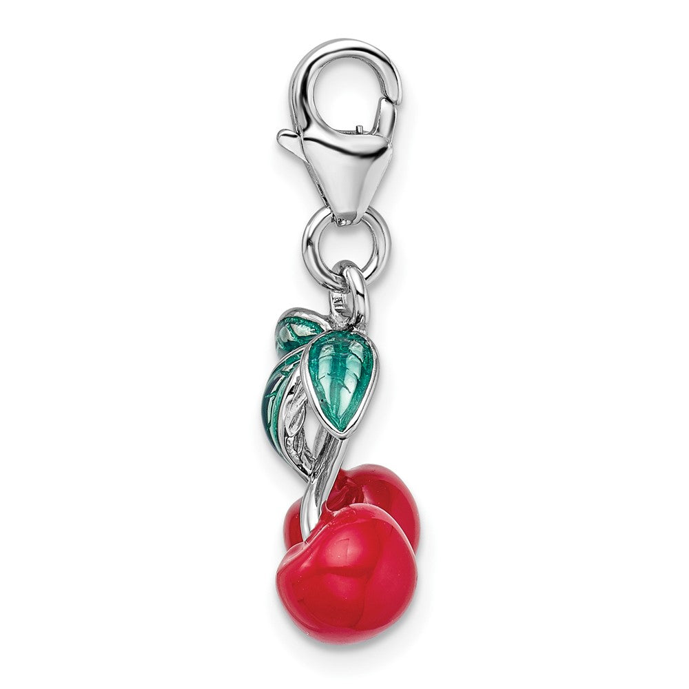 Amore La Vita Sterling Silver Rhodium-plated Polished 3-D Enameled Red Cherries Charm with Fancy Lobster Clasp