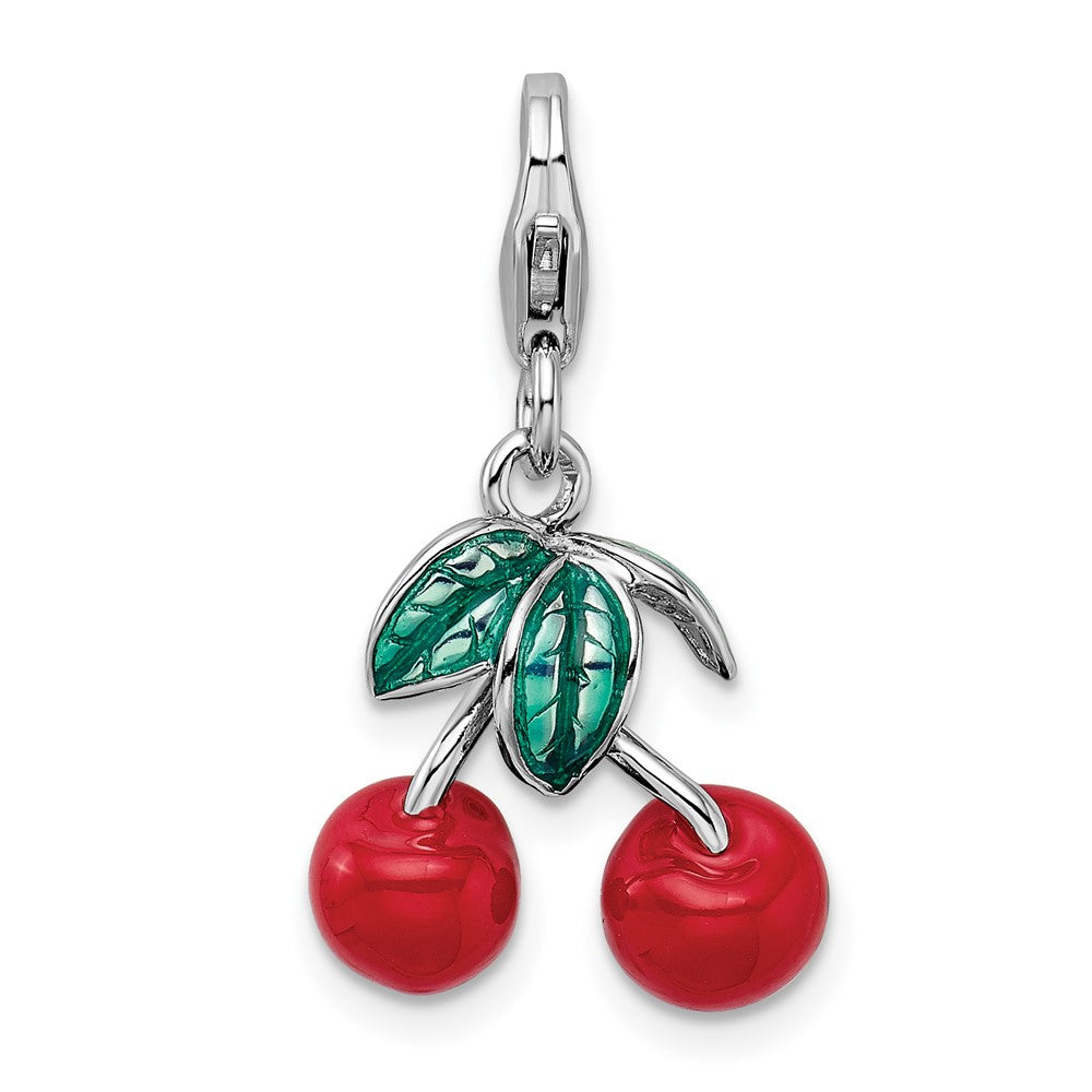 Amore La Vita Sterling Silver Rhodium-plated Polished 3-D Enameled Red Cherries Charm with Fancy Lobster Clasp