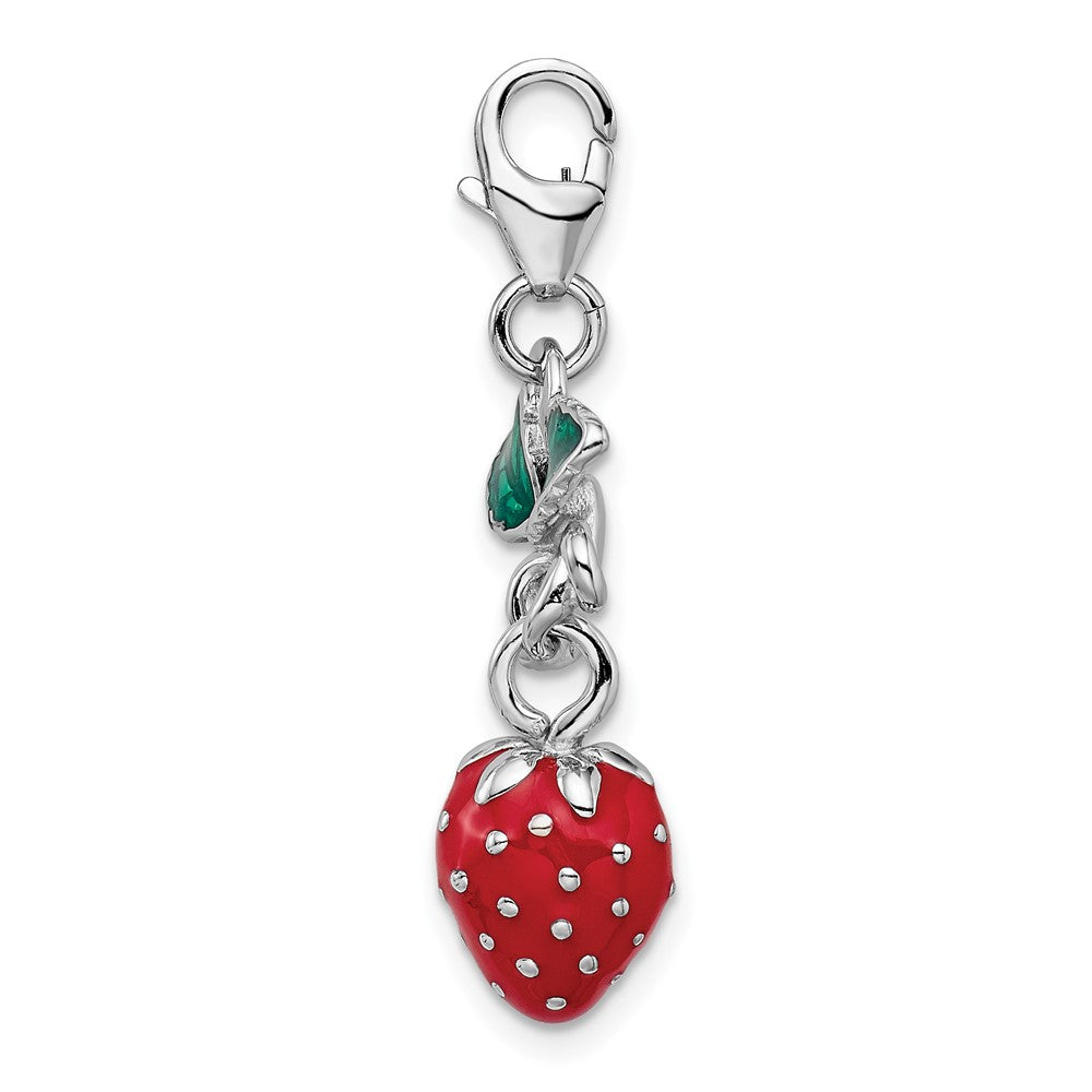 Amore La Vita Sterling Silver Rhodium-plated Polished 3-D Enameled Strawberry Charm with Fancy Lobster Clasp