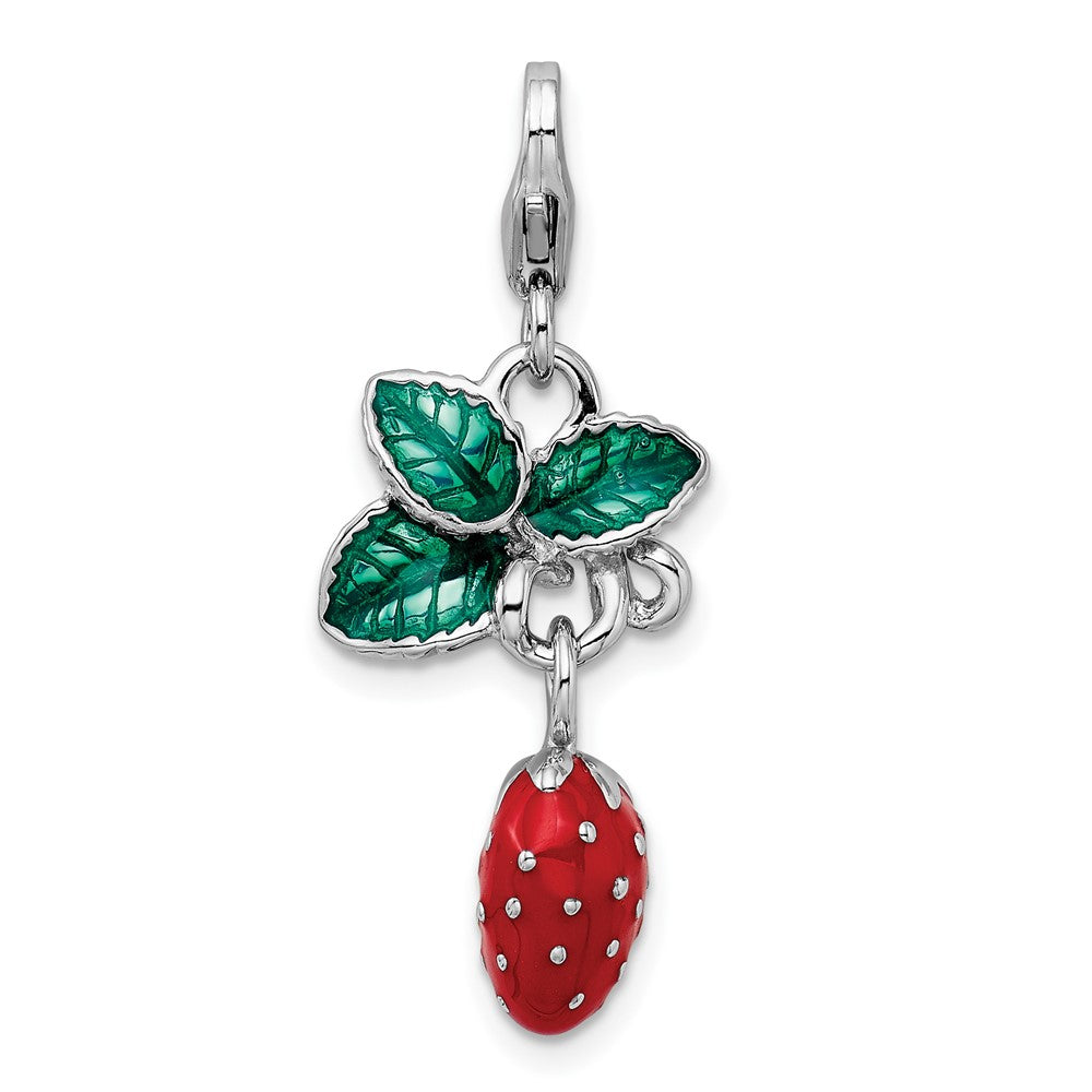 Amore La Vita Sterling Silver Rhodium-plated Polished 3-D Enameled Strawberry Charm with Fancy Lobster Clasp