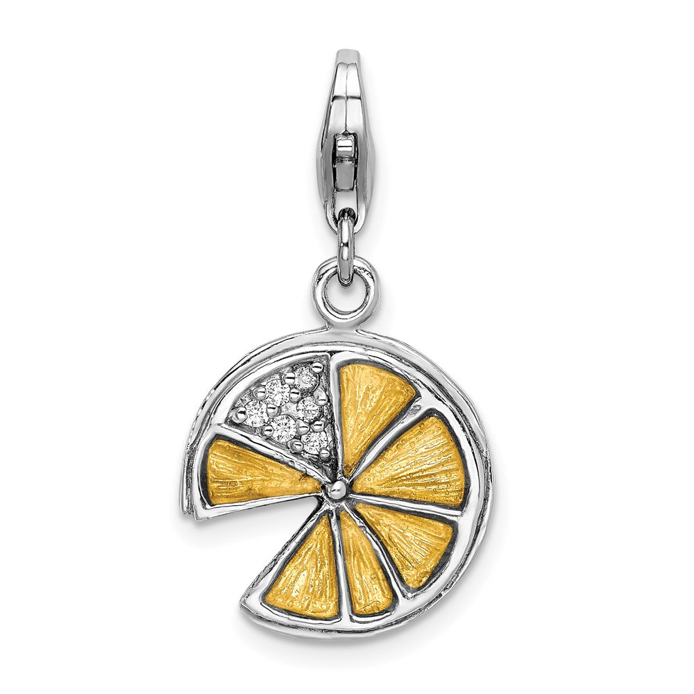 Amore La Vita Sterling Silver Rhodium-plated Polished 3-D Yellow Enameled Lemon Slice Charm with Fancy Lobster Clasp