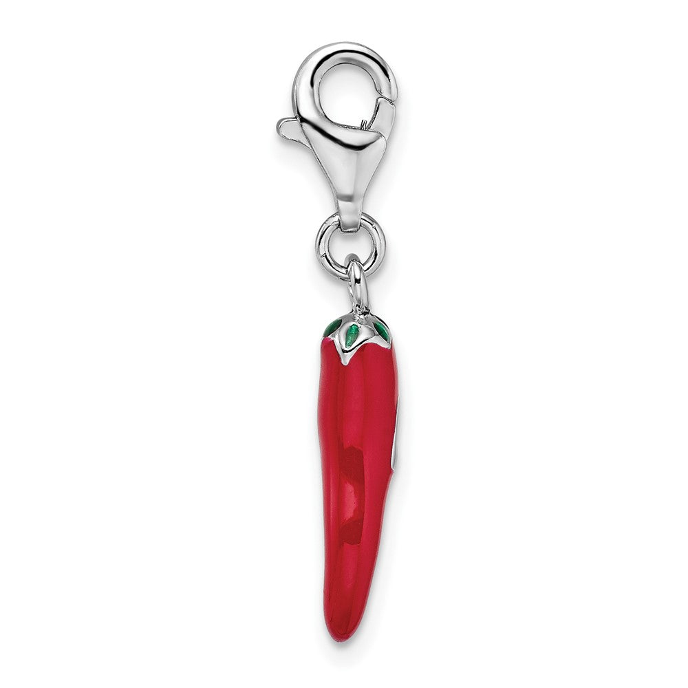 Amore La Vita Sterling Silver Rhodium-plated Polished 3-D Red Enameled Pepper Charm with Fancy Lobster Clasp