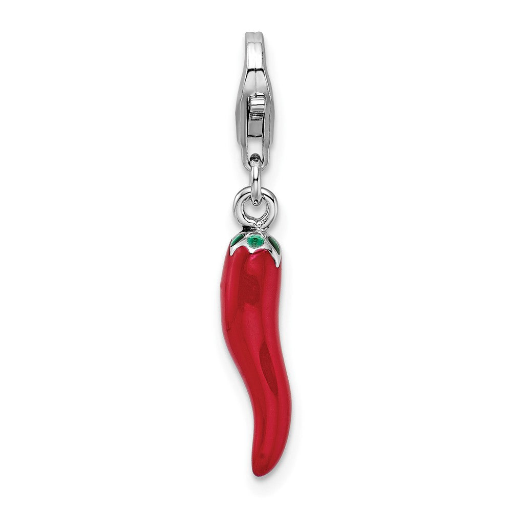 Amore La Vita Sterling Silver Rhodium-plated Polished 3-D Red Enameled Pepper Charm with Fancy Lobster Clasp