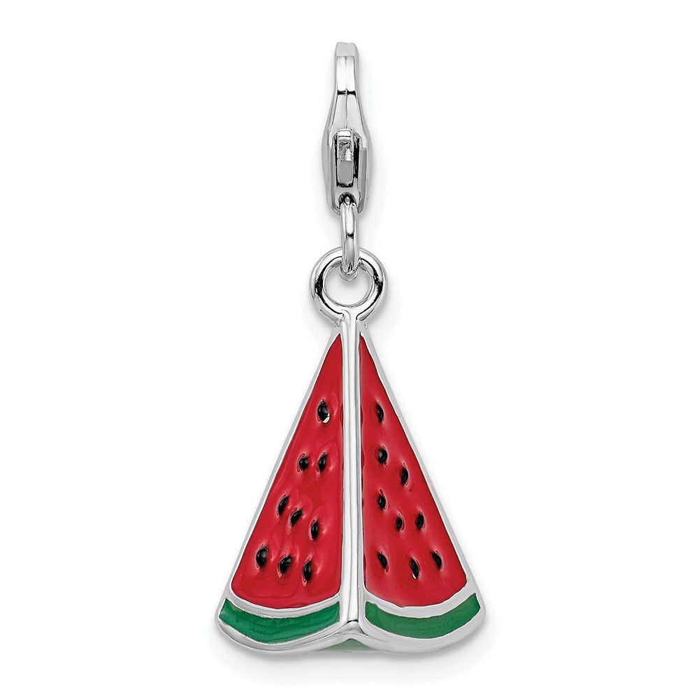 Amore La Vita Sterling Silver Rhodium-plated Polished 3-D Enameled Watermelon Wedge Charm with Fancy Lobster Clasp