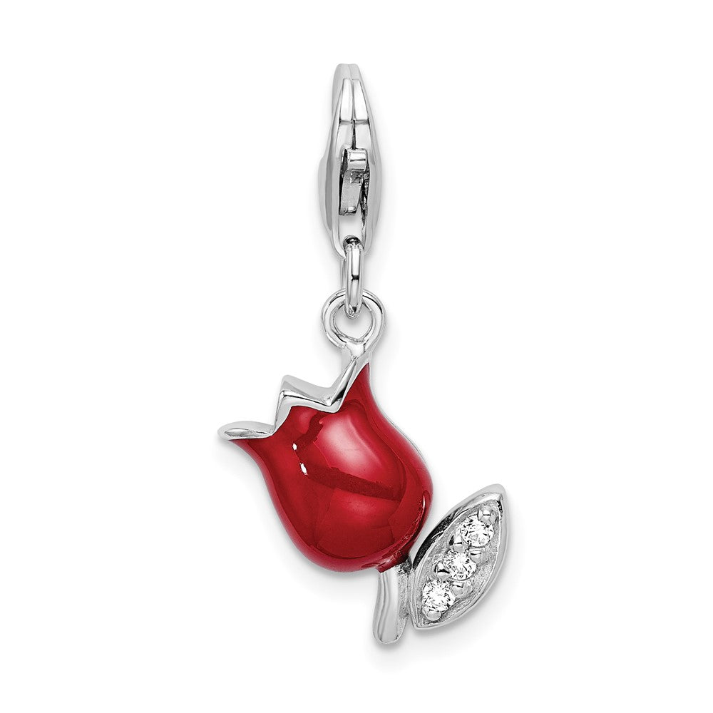 Amore La Vita Sterling Silver Rhodium-plated Polished CZ Red Enameled Tulip Flower Charm with Fancy Lobster Clasp