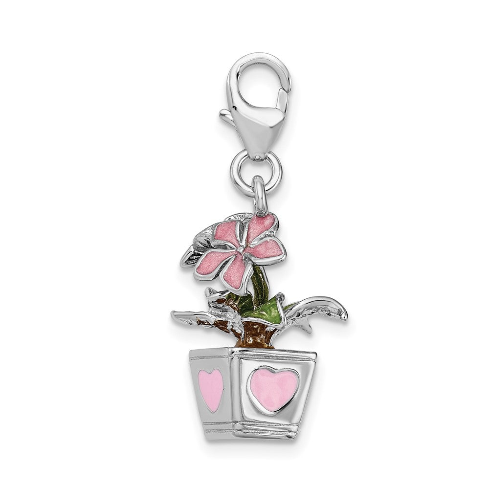 Amore La Vita Sterling Silver Rhodium-plated Polished 3-D Enameled Potted Flowers Charm with Fancy Lobster Clasp