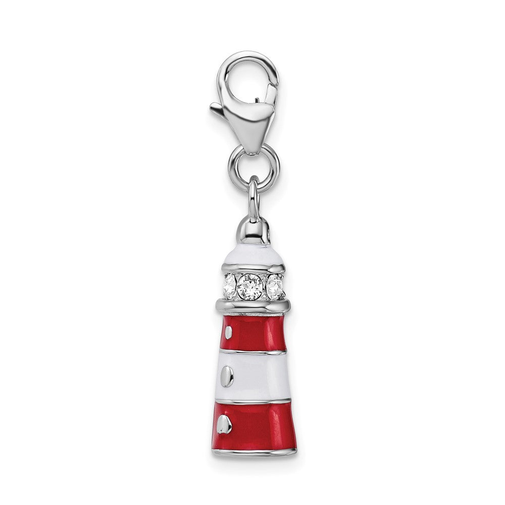 Amore La Vita Sterling Silver Rhodium-plated Polished 3-D Red Enameled Crystal Lighthouse Charm with Fancy Lobster Clasp