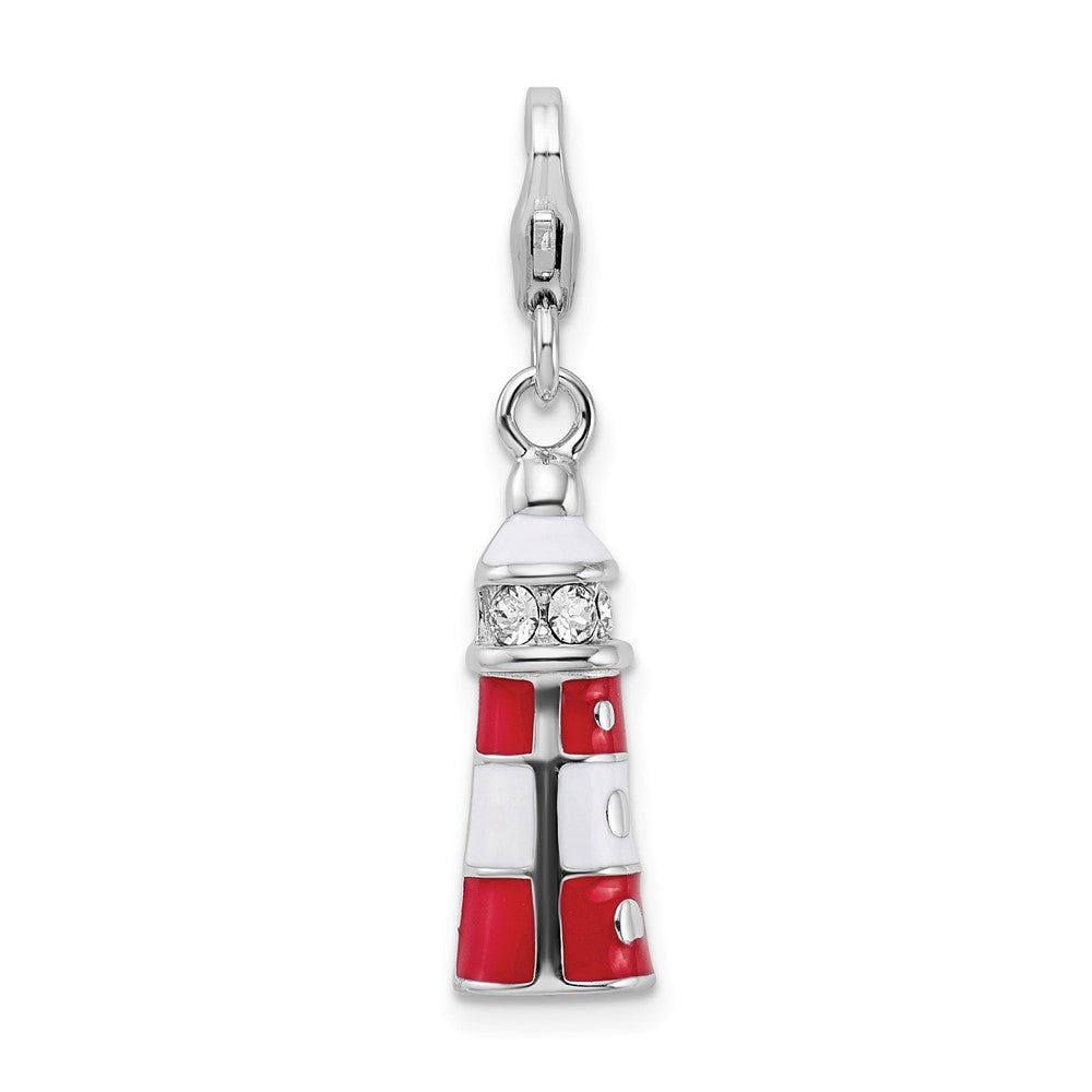 Amore La Vita Sterling Silver Rhodium-plated Polished 3-D Red Enameled Crystal Lighthouse Charm with Fancy Lobster Clasp