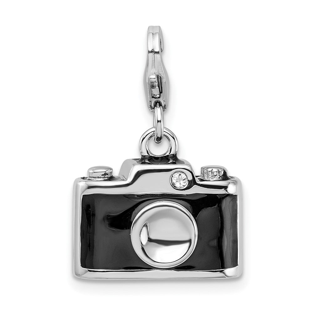 Amore La Vita Sterling Silver Rhodium-plated Polished 3-D Enameled Crystal Camera Charm with Fancy Lobster Clasp