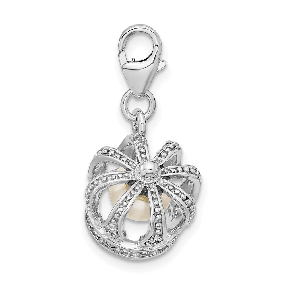 Amore La Vita Sterling Silver Rhodium-plated Polished 3-D Crystal and Freshwater Cultured Pearl Crown Charm with Fancy Lobster Clasp