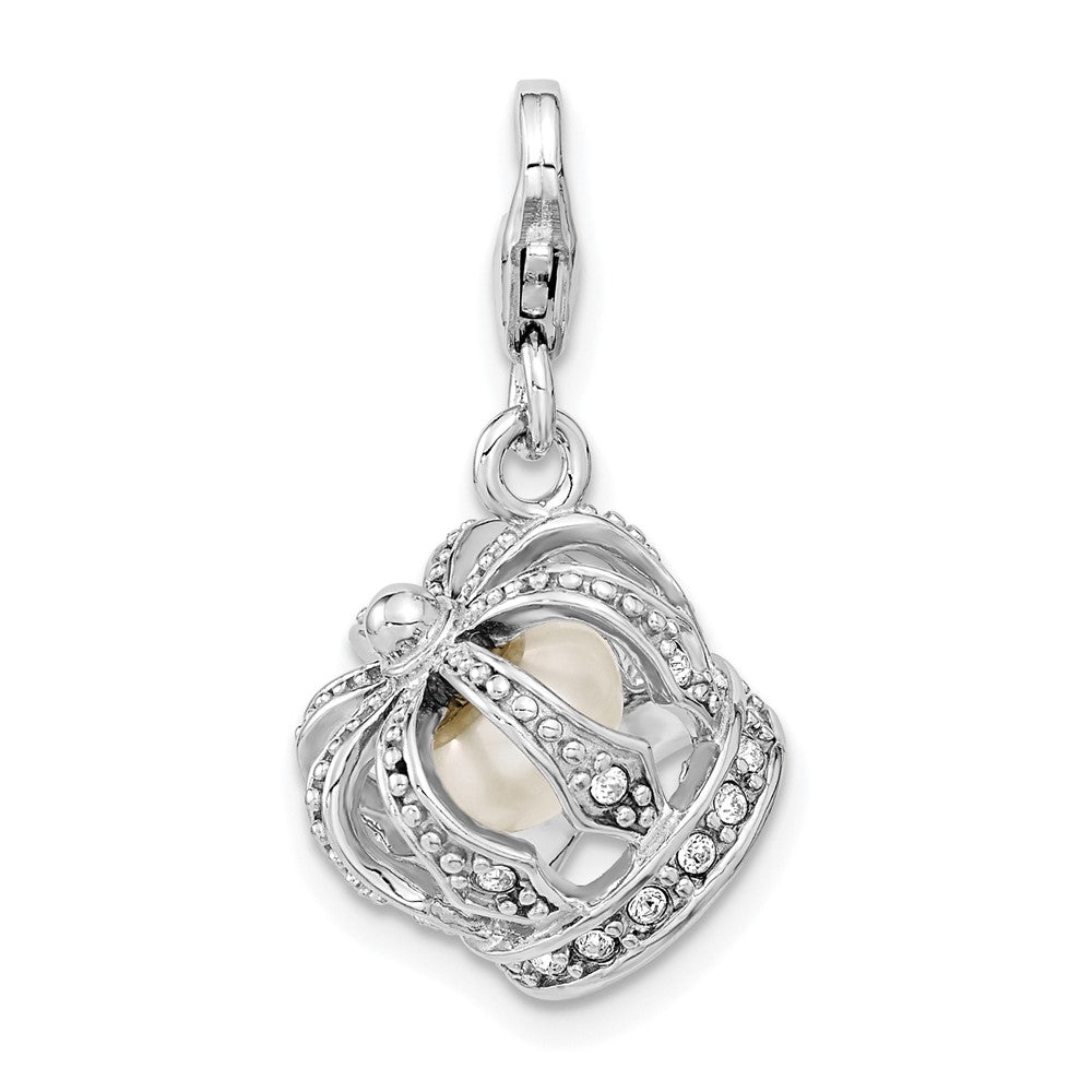 Amore La Vita Sterling Silver Rhodium-plated Polished 3-D Crystal and Freshwater Cultured Pearl Crown Charm with Fancy Lobster Clasp