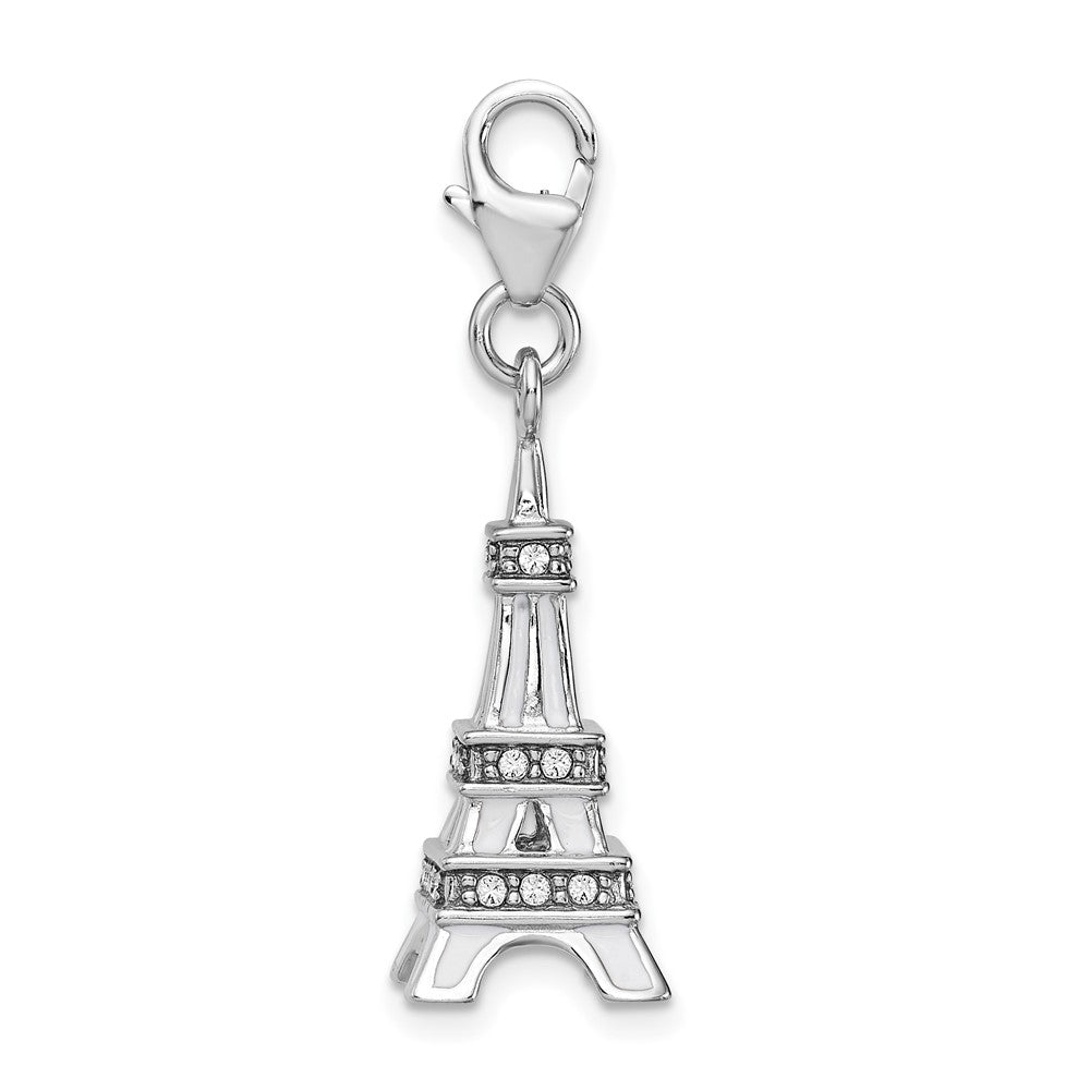 Amore La Vita Sterling Silver Rhodium-plated Polished 3-D Enameled Crystal Eiffel Tower Charm with Fancy Lobster Clasp