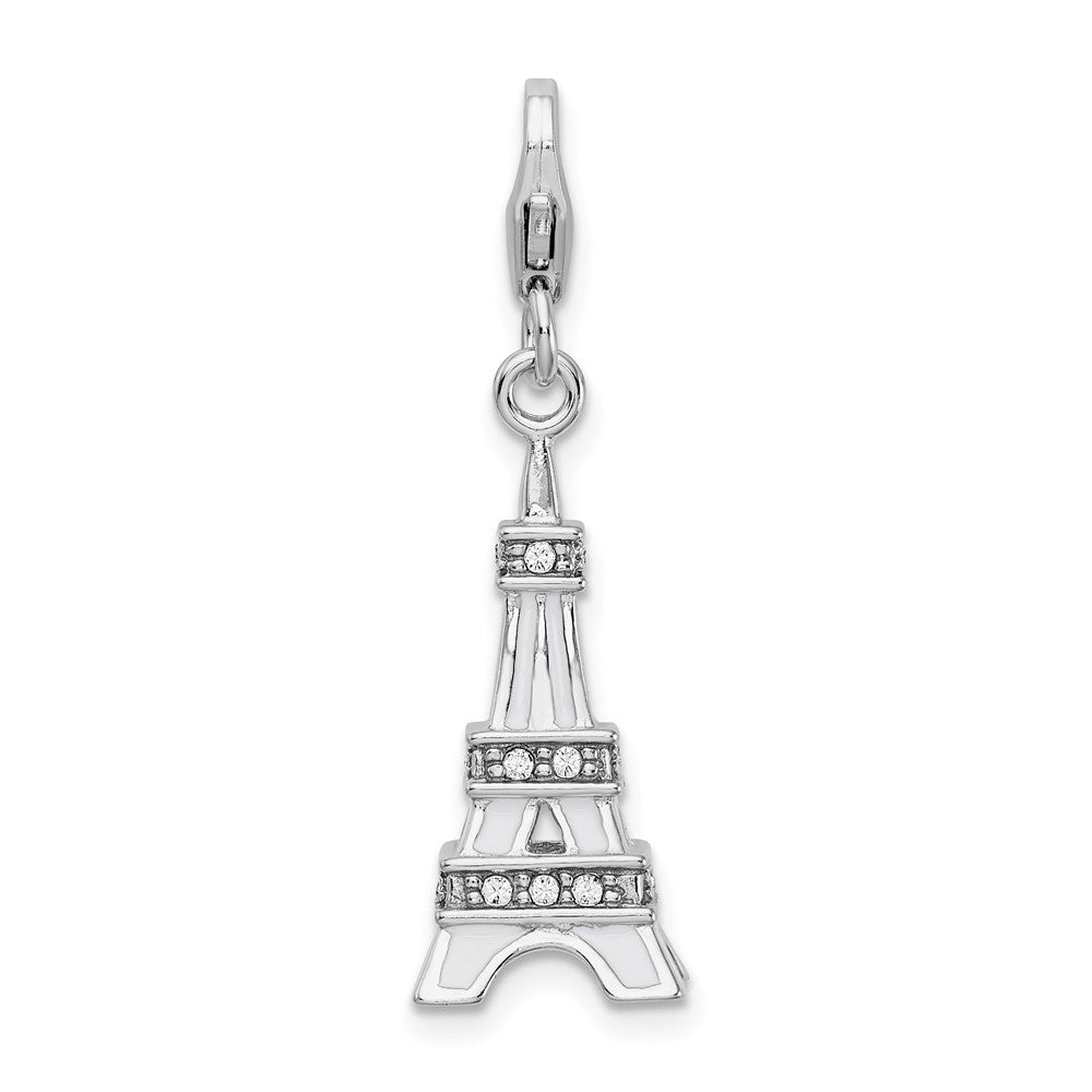 Amore La Vita Sterling Silver Rhodium-plated Polished 3-D Enameled Crystal Eiffel Tower Charm with Fancy Lobster Clasp