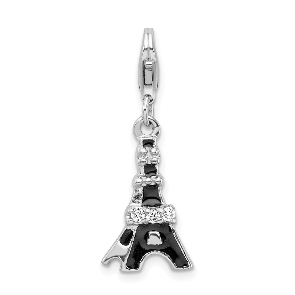 Amore La Vita Sterling Silver Rhodium-plated Polished Black Enameled CZ Eiffel Tower Charm with Fancy Lobster Clasp