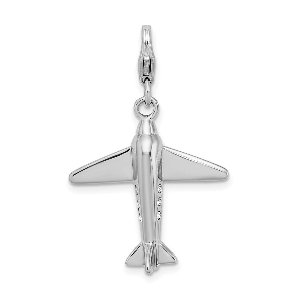 Amore La Vita Sterling Silver Rhodium-plated Polished 3-D Crystal Airplane Charm with Fancy Lobster Clasp