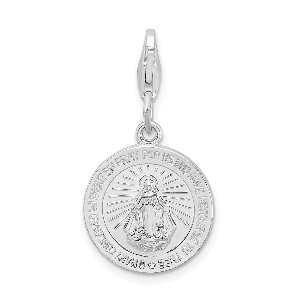 Amore La Vita Sterling Silver Rhodium-plated Polished Miraculous Medal Charm with Fancy Lobster Clasp