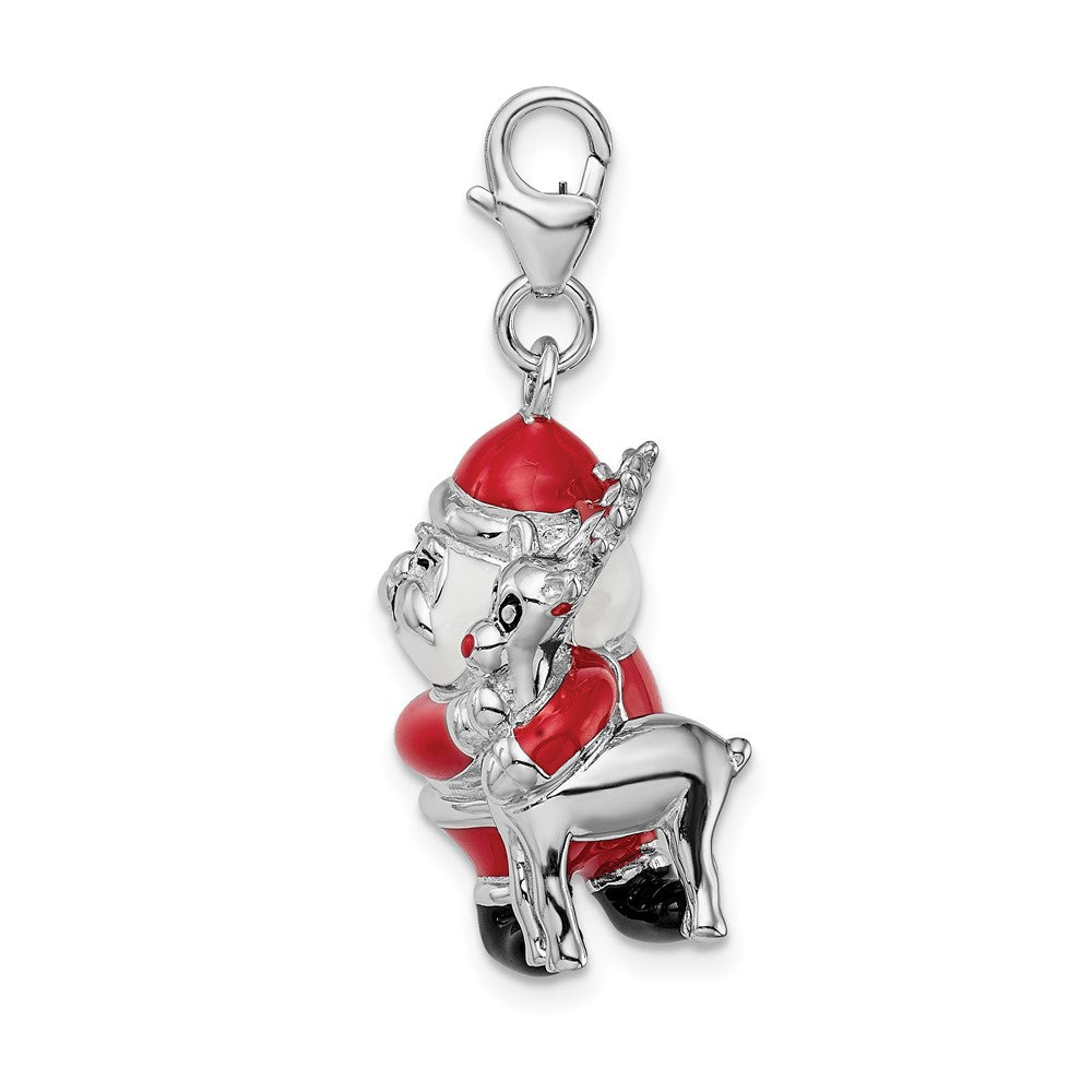 Amore La Vita Sterling Silver Rhodium-plated Polished 3-D Enameled Santa and Reindeer Charm with Fancy Lobster Clasp